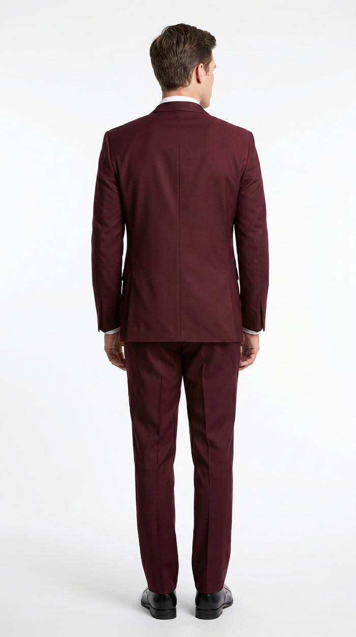 Men’s Burgundy Wool Vested Shawl Prom Tuxedo with One Button Jacket and Matching Pants