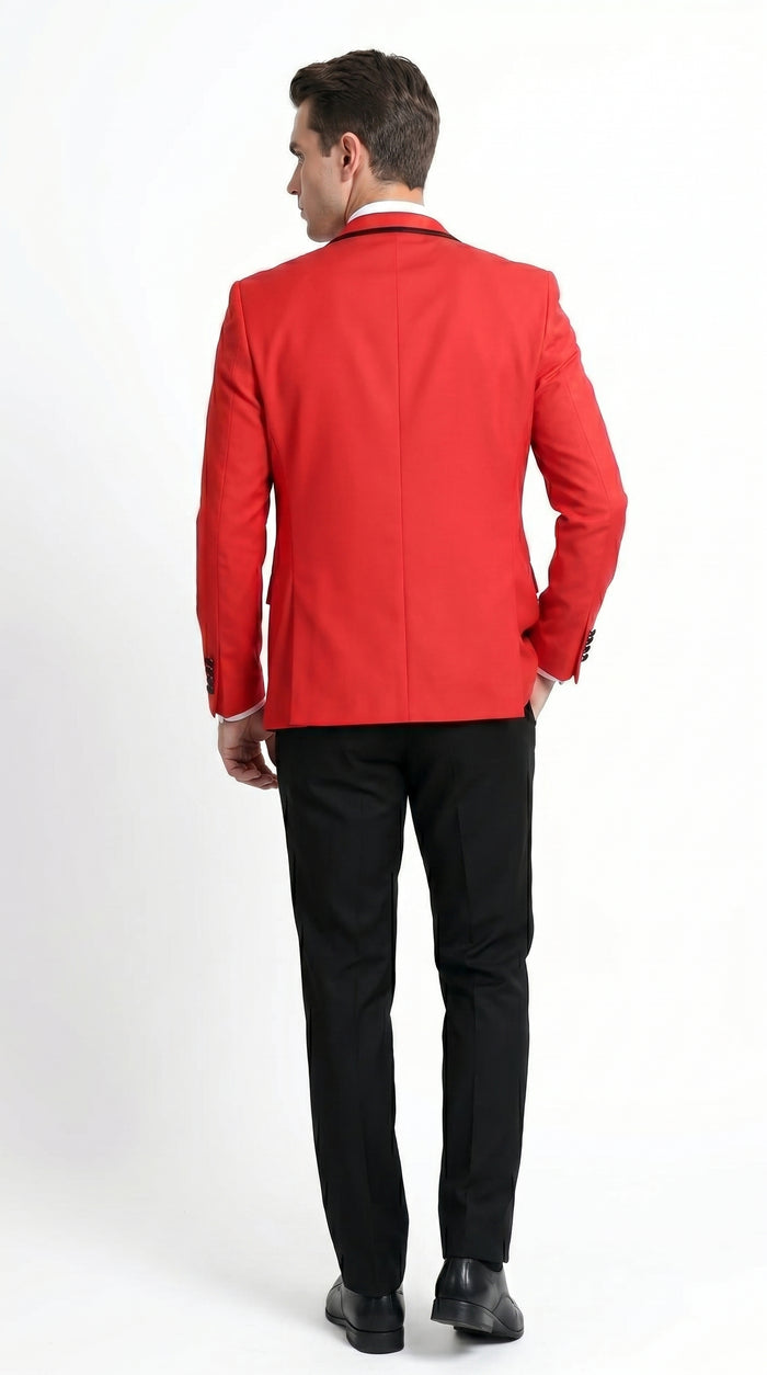 Men’s Red and Black One Button Shawl Tuxedo with Satin Trim, Formal Wedding Prom Dinner Suit