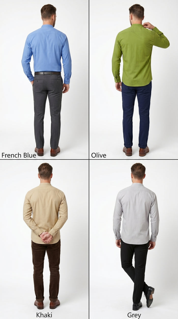 Men’s Cotton Blend Mandarin Collar Shirt, Banded Collar Dress Shirt in Yellow, Lavender, Khaki, Red, Grey, Pink, Mustard, Light Blue, Cream, French Blue, Olive, White, Brown, Purple and Green