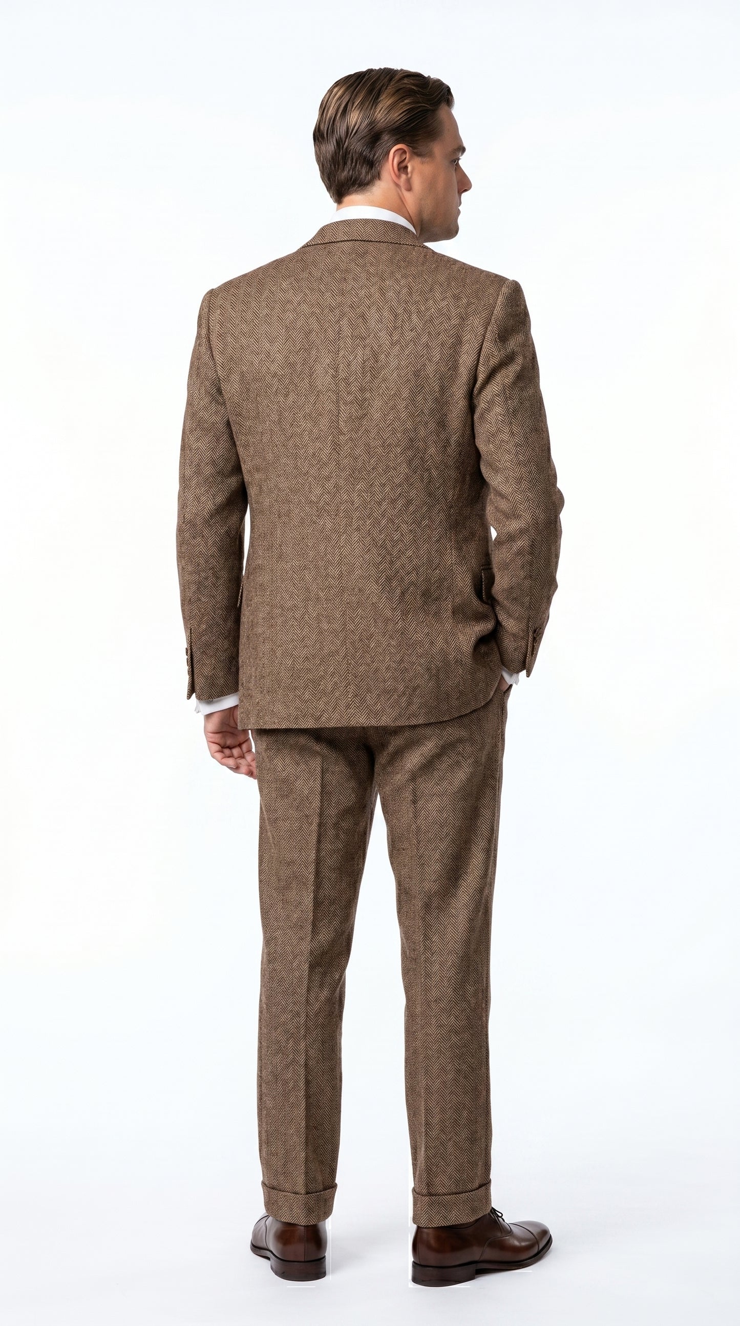 Men’s Light Brown Tweed Herringbone 3 Piece Great Gatsby Suit, Vested Vintage Wedding Formal Suit Set