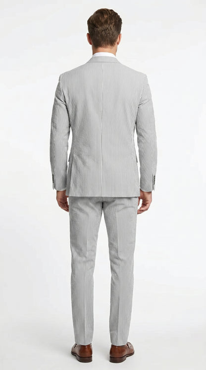 Men’s Black Pinstripe Summer Seersucker 2 Piece Suit with Jacket and Matching Pants