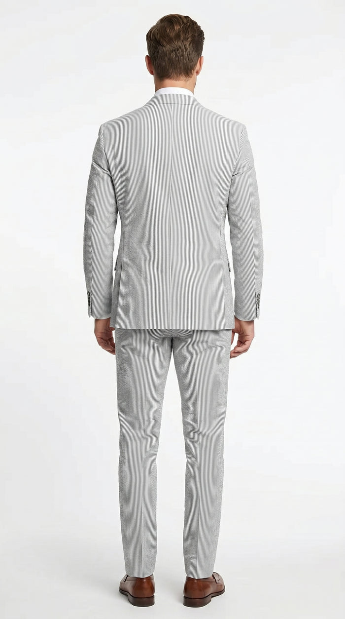 Men’s Black Pinstripe Summer Seersucker 2 Piece Suit with Jacket and Matching Pants