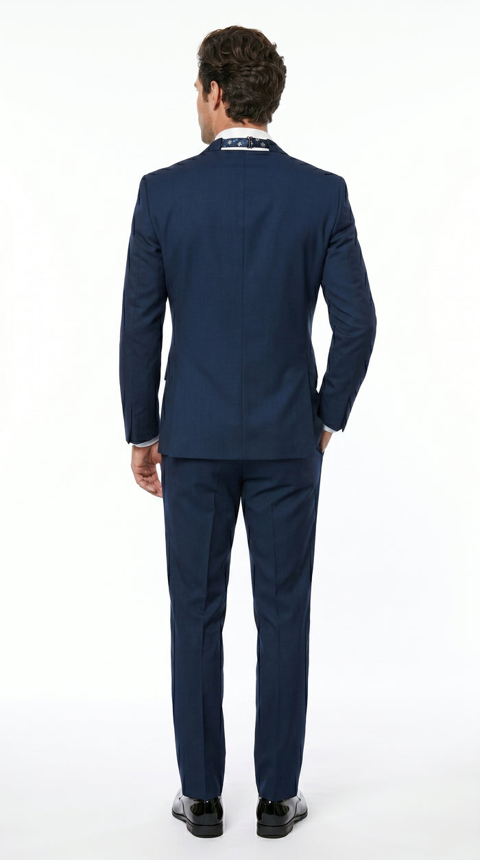 Men’s Sapphire Blue Vested Shawl Lapel Tuxedo with Satin Trim, Formal Wedding Prom Dinner Suit Set