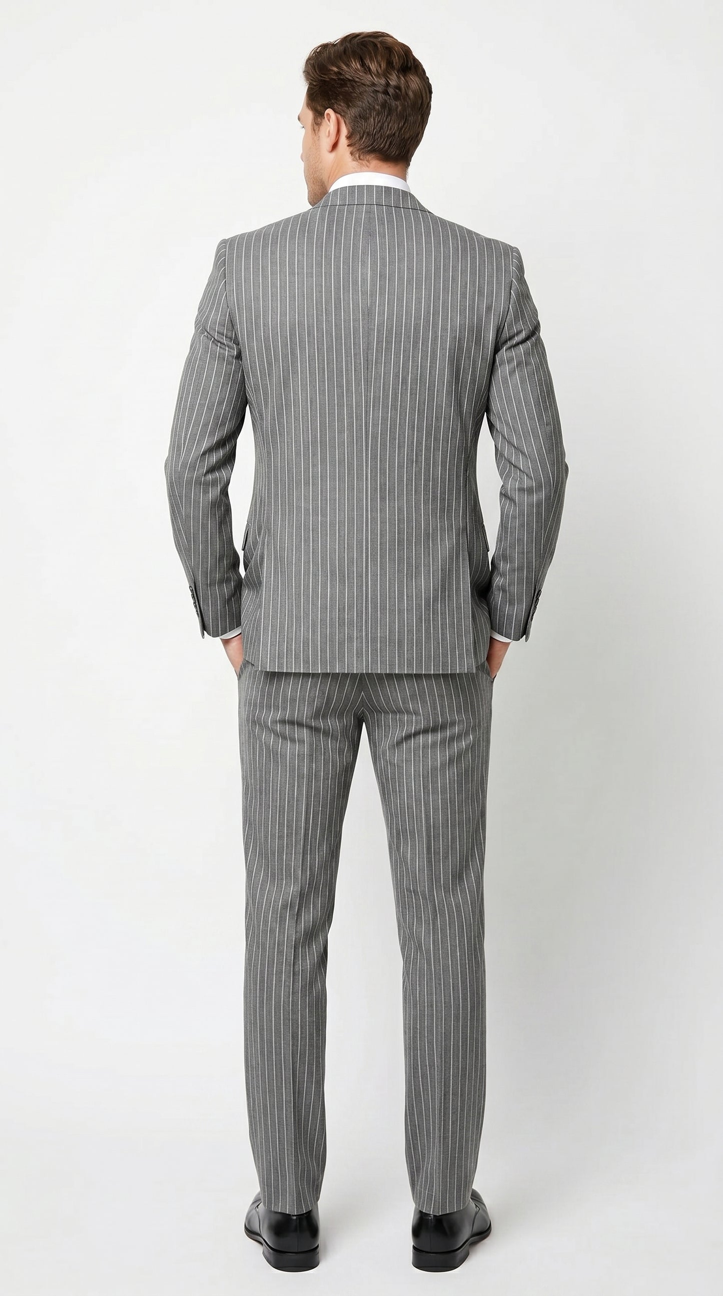 Men’s Gray Gangster Pinstripe 3 Piece Suit with 2 Button Jacket and Double Breasted Vest