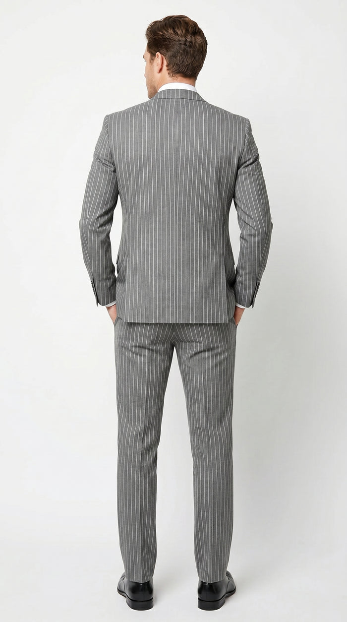 Men’s Gray Gangster Pinstripe 3 Piece Suit with 2 Button Jacket and Double Breasted Vest