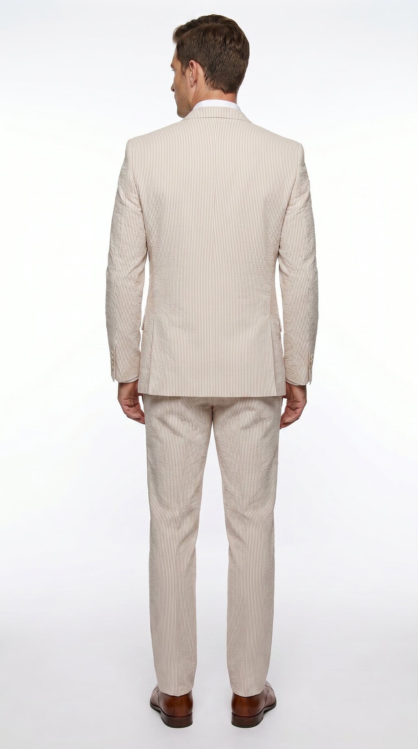 Men’s Tan Seersucker Summer Suit with 2 Button Jacket, Vest and Matching Pants
