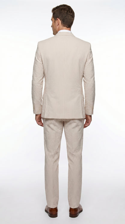 Men’s Tan Seersucker Summer Suit with 2 Button Jacket, Vest and Matching Pants