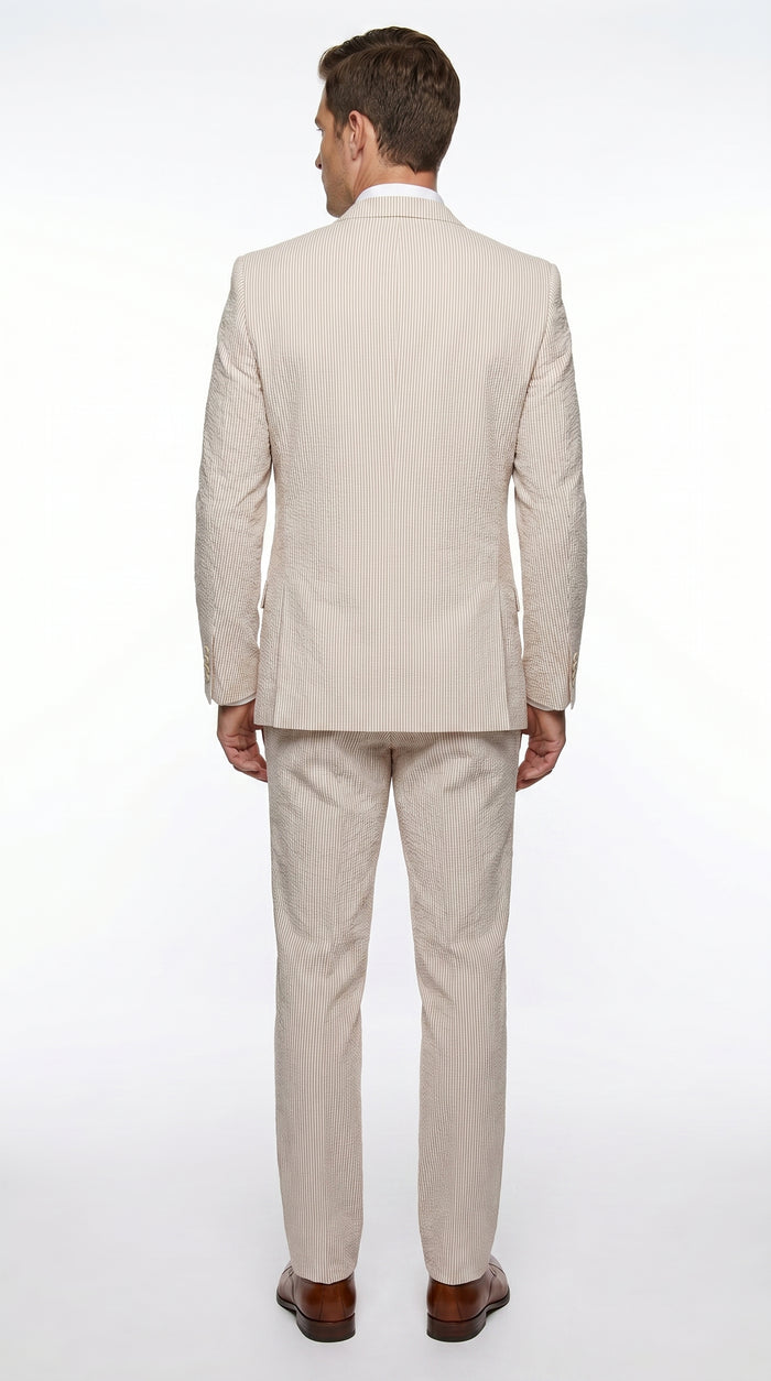 Men’s Tan Seersucker Summer Suit with 2 Button Jacket, Vest and Matching Pants
