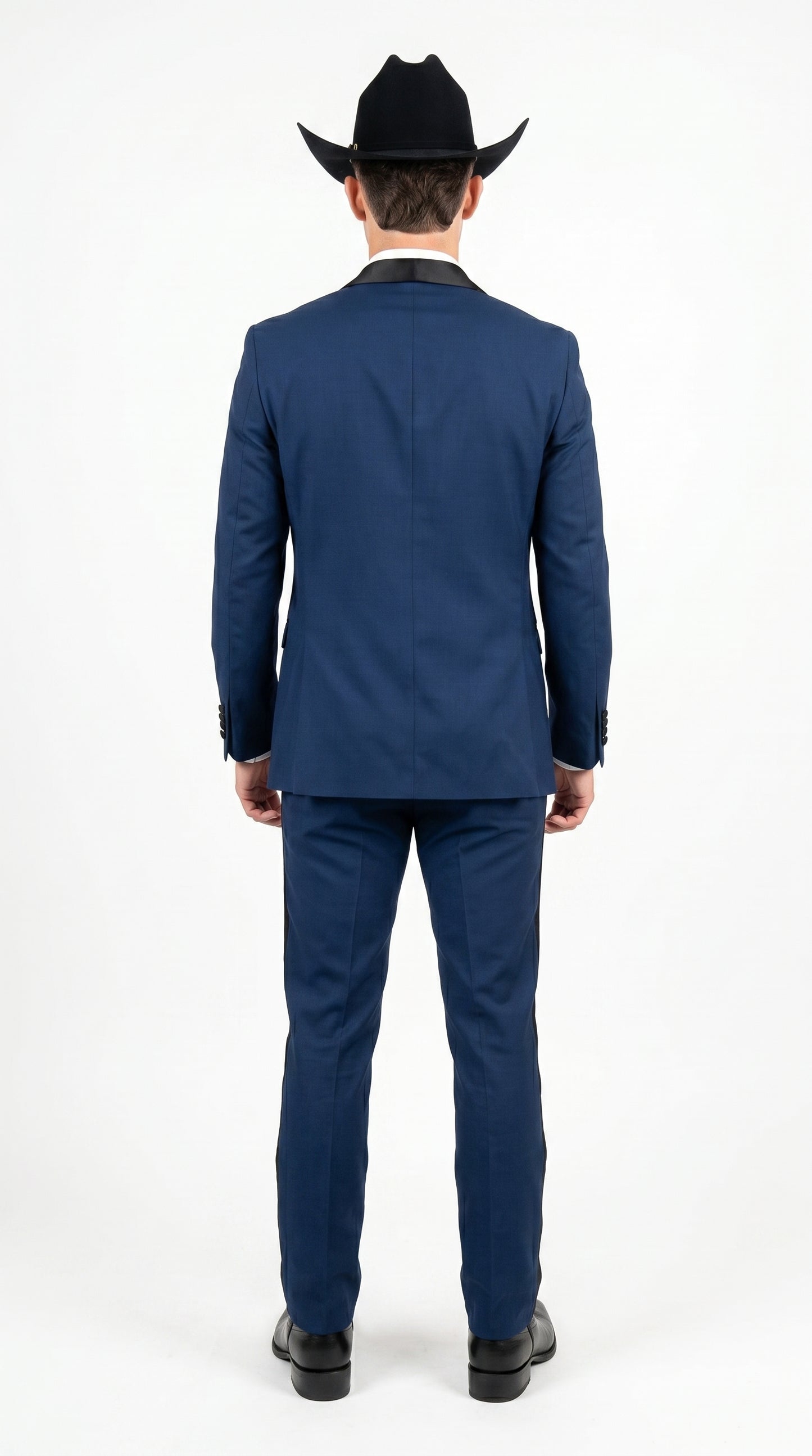 Men’s Sapphire Indigo Western Tuxedo Suit – Cobalt Blue Cowboy Formal Suit with Black Shawl Collar, Vest & Pants