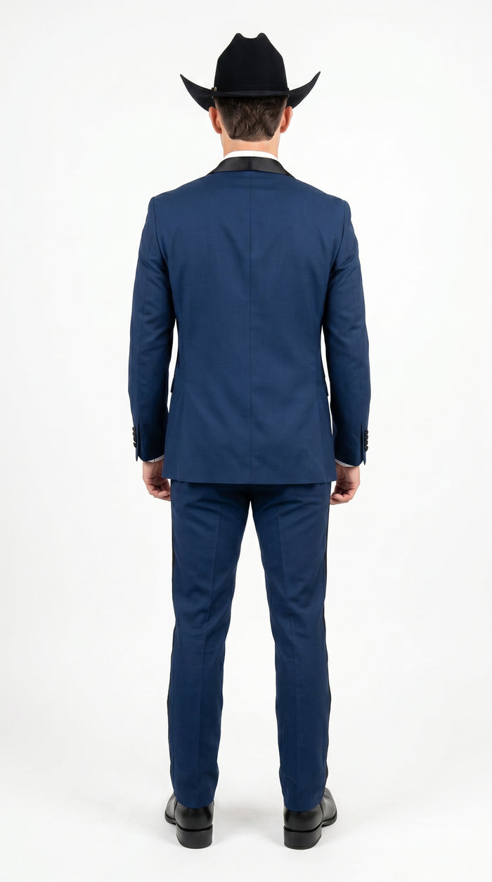 Men’s Sapphire Indigo Western Tuxedo Suit – Cobalt Blue Cowboy Formal Suit with Black Shawl Collar, Vest & Pants