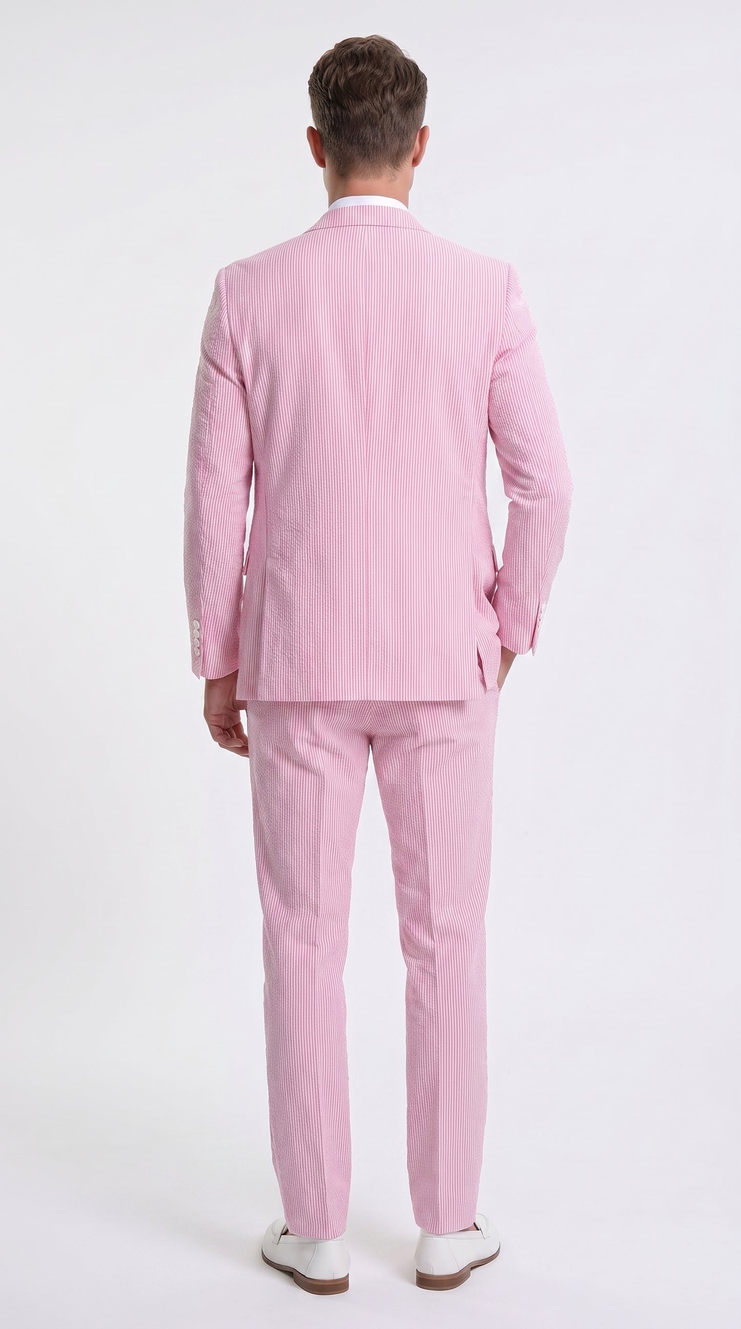 Men’s Red Pinstripe Seersucker Suit – 2 Piece Summer Suit Jacket and Pants