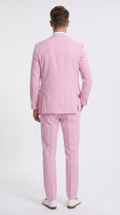 Men’s Red Pinstripe Seersucker Suit – 2 Piece Summer Suit Jacket and Pants