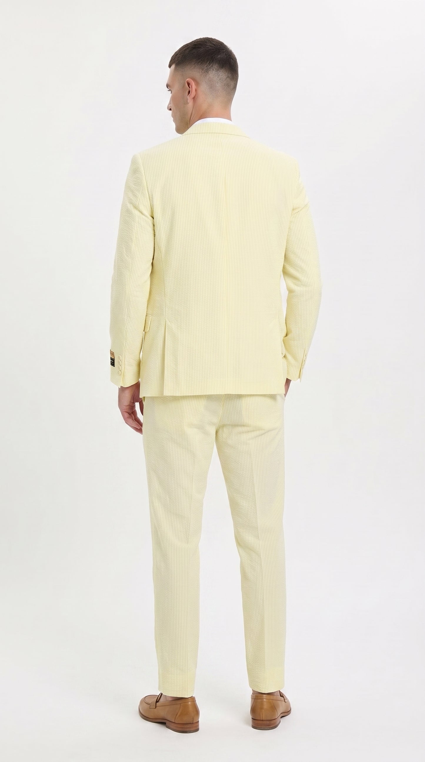 Men’s Yellow Pinstripe Seersucker Suit – 2 Piece Summer Suit Jacket and Pants