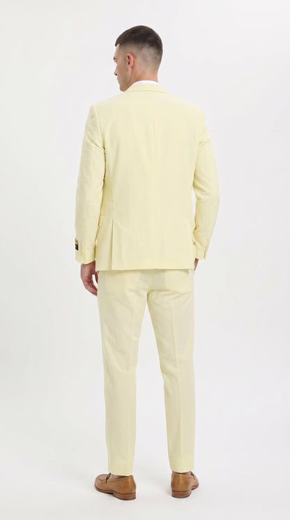 Men’s Yellow Pinstripe Seersucker Suit – 2 Piece Summer Suit Jacket and Pants
