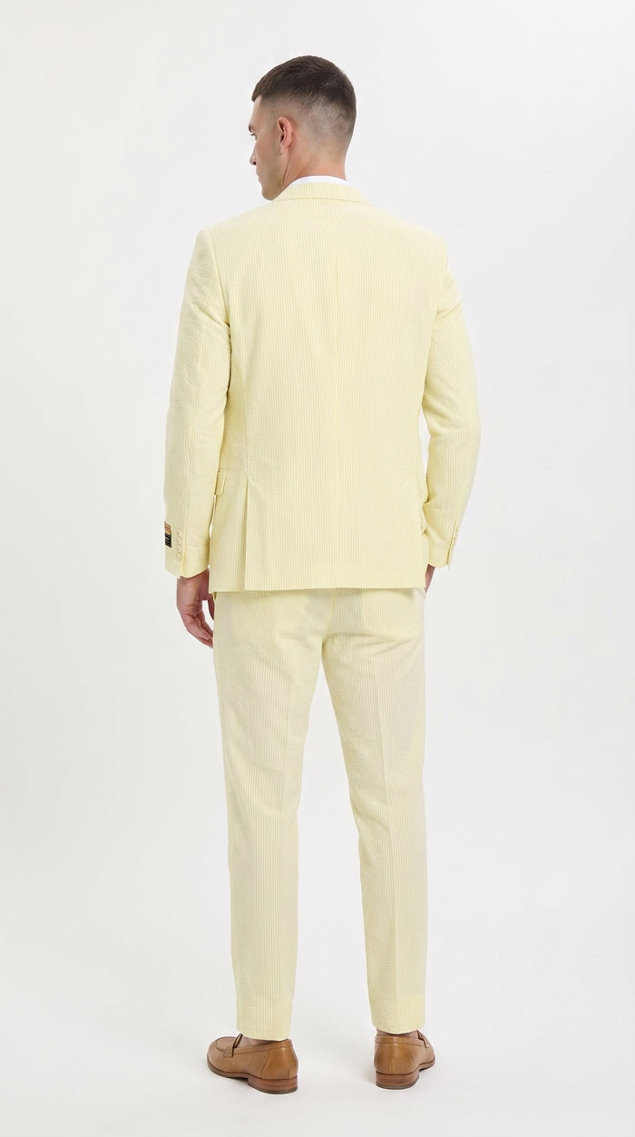 Men’s Yellow Pinstripe Seersucker Suit – 2 Piece Summer Suit Jacket and Pants