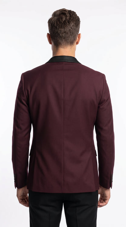 Men’s Burgundy Wool Dinner Jacket with Black Shawl Lapel, 1 Button Formal Tuxedo Blazer