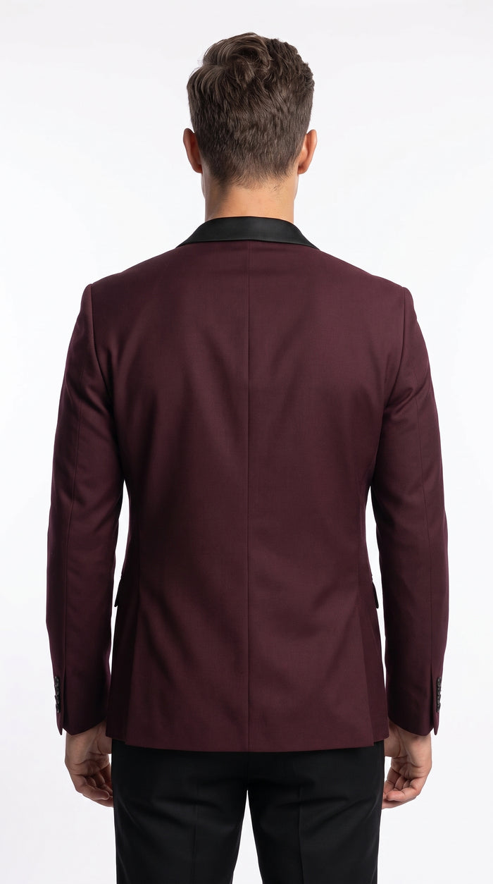 Men’s Burgundy Wool Dinner Jacket with Black Shawl Lapel, 1 Button Formal Tuxedo Blazer