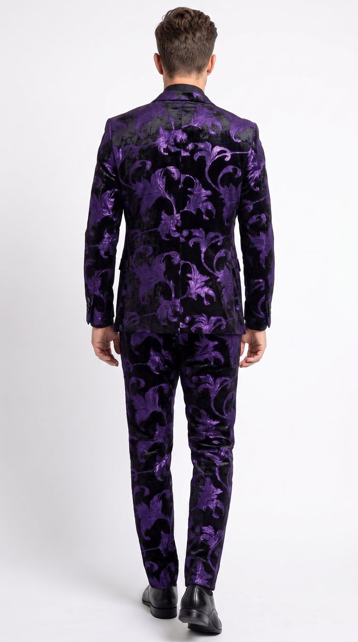 Men’s Purple and Black Paisley Tuxedo Suit – Mardi Gras Dinner Jacket with Matching Pants