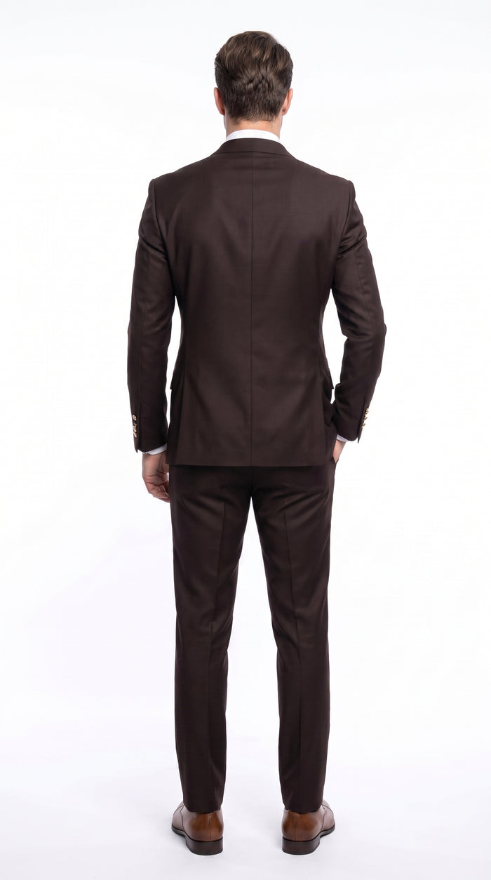 Men’s Brown Double Breasted Suit with Gold Buttons, Designer Formal Wedding Business Suit