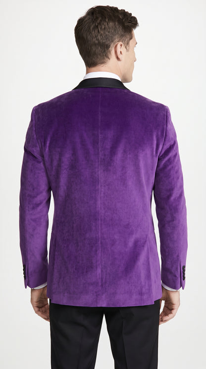 Men’s Purple Velvet Tuxedo Dinner Jacket – One Button Black Shawl Lapel Formal Blazer for Prom, Wedding and Party