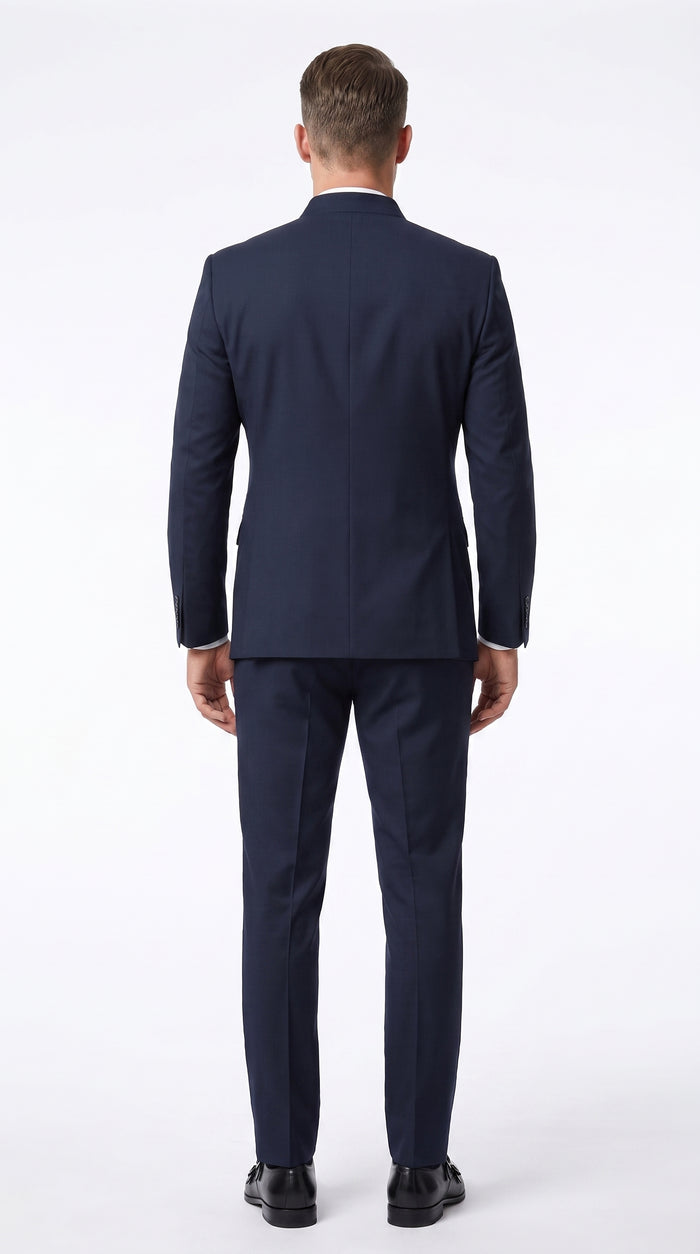 Men’s Dark Navy Blue Mandarin Collar Suit, Banded Collar Formal Wedding Business Dress Suit