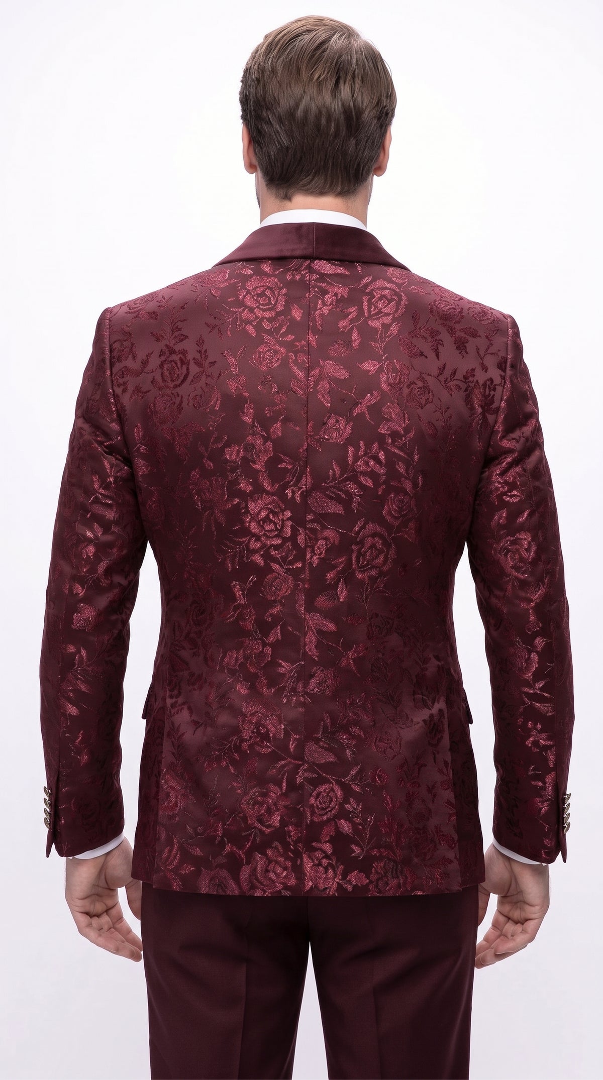 Men’s Burgundy Floral Jacquard Tuxedo Dinner Jacket, Paisley Velvet Lapel Formal Wedding Prom Blazer