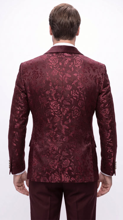 Men’s Burgundy Floral Jacquard Tuxedo Dinner Jacket, Paisley Velvet Lapel Formal Wedding Prom Blazer