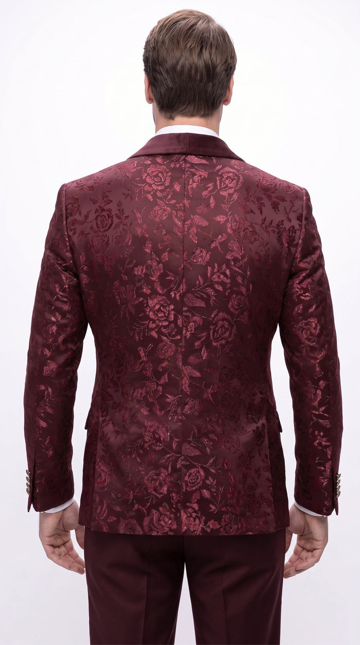 Men’s Burgundy Floral Jacquard Tuxedo Dinner Jacket, Paisley Velvet Lapel Formal Wedding Prom Blazer