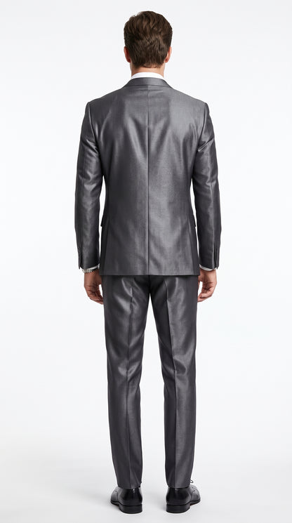 Men’s Gray Silver Sharkskin Suit, Slim Fit Shiny Formal Wedding Business Suit