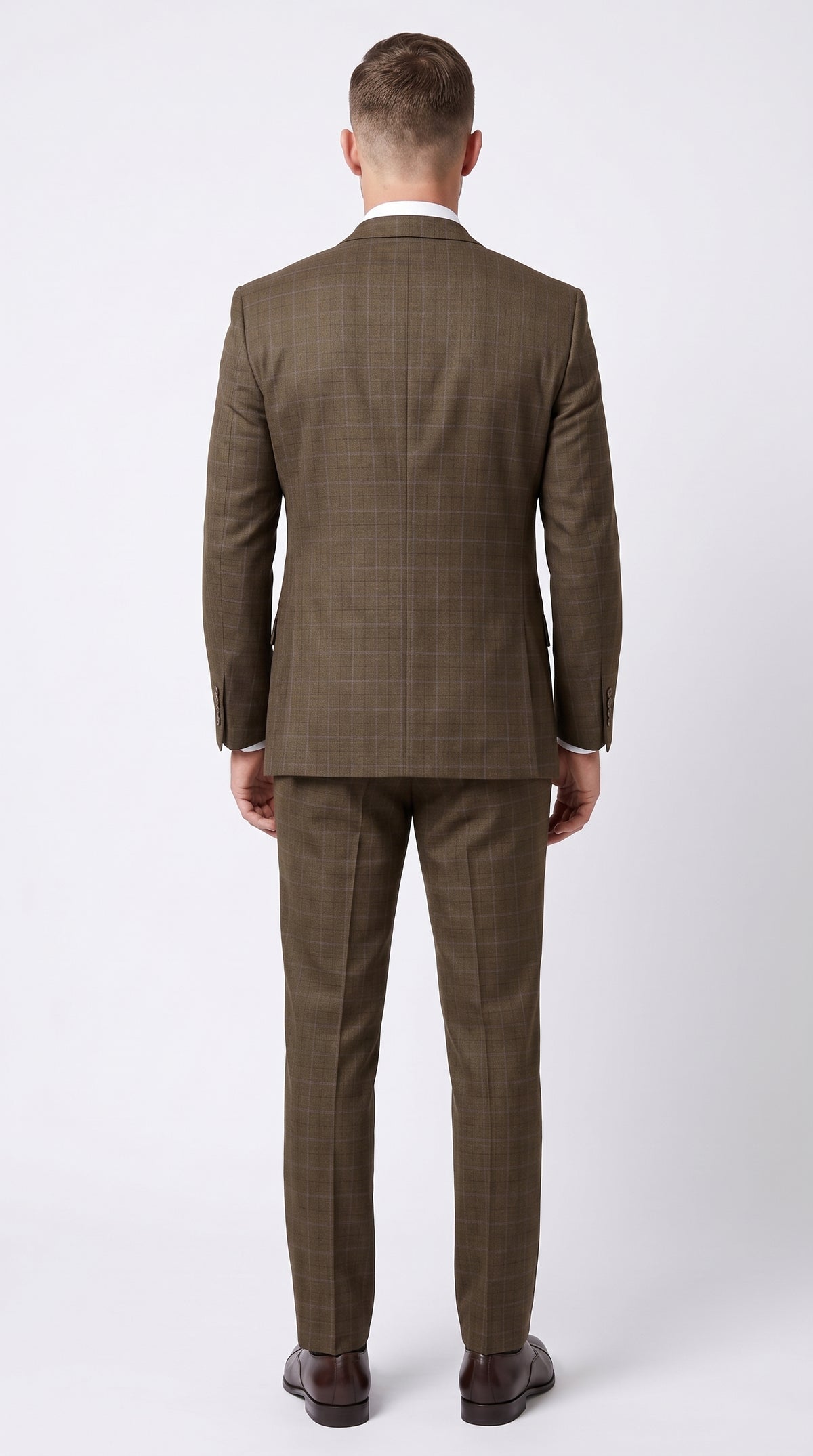 Men’s Taupe Brown Plaid 3 Piece Suit, Double Breasted Vest V2RW-13 Formal Wedding Suit