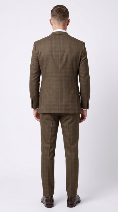 Men’s Taupe Brown Plaid 3 Piece Suit, Double Breasted Vest V2RW-13 Formal Wedding Suit