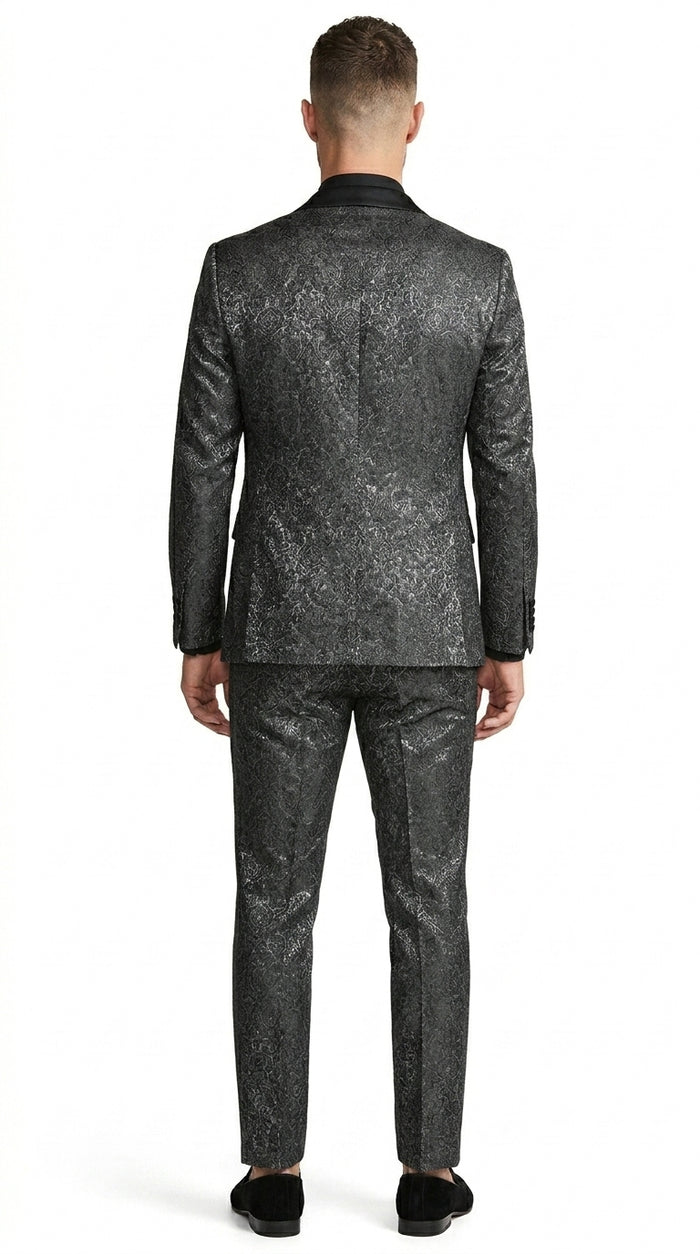Men’s Black Patterned Tuxedo Suit, Wedding Prom Formal Dinner Suit with Satin Lapel
