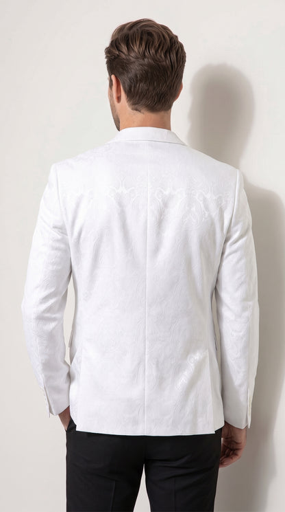 Men’s White Paisley Blazer, Formal Wedding Prom Dinner Jacket with Elegant Jacquard Pattern