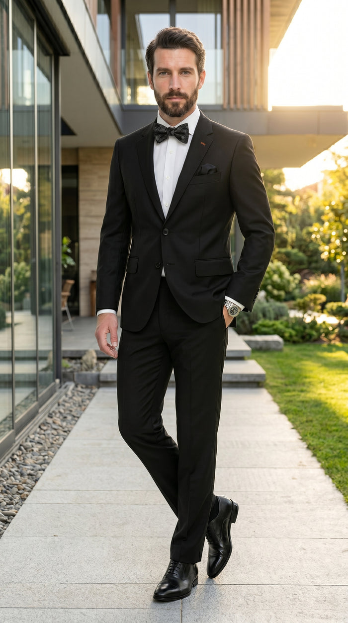 Statement Men’s 100% Wool 2 Piece Italian Made Suit, Subtle Texture Business Formal Suit in Black and Navy