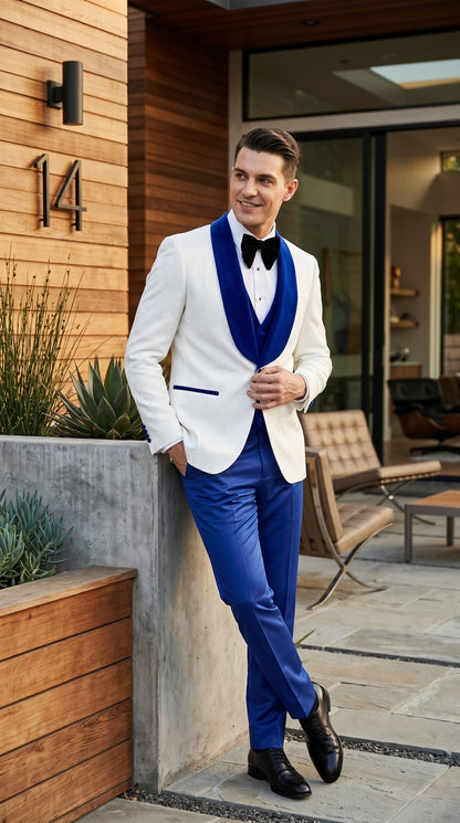 Men’s White Paisley Wedding Tuxedo with Royal Blue Velvet Shawl Lapel, Vested Prom Formal Suit Set
