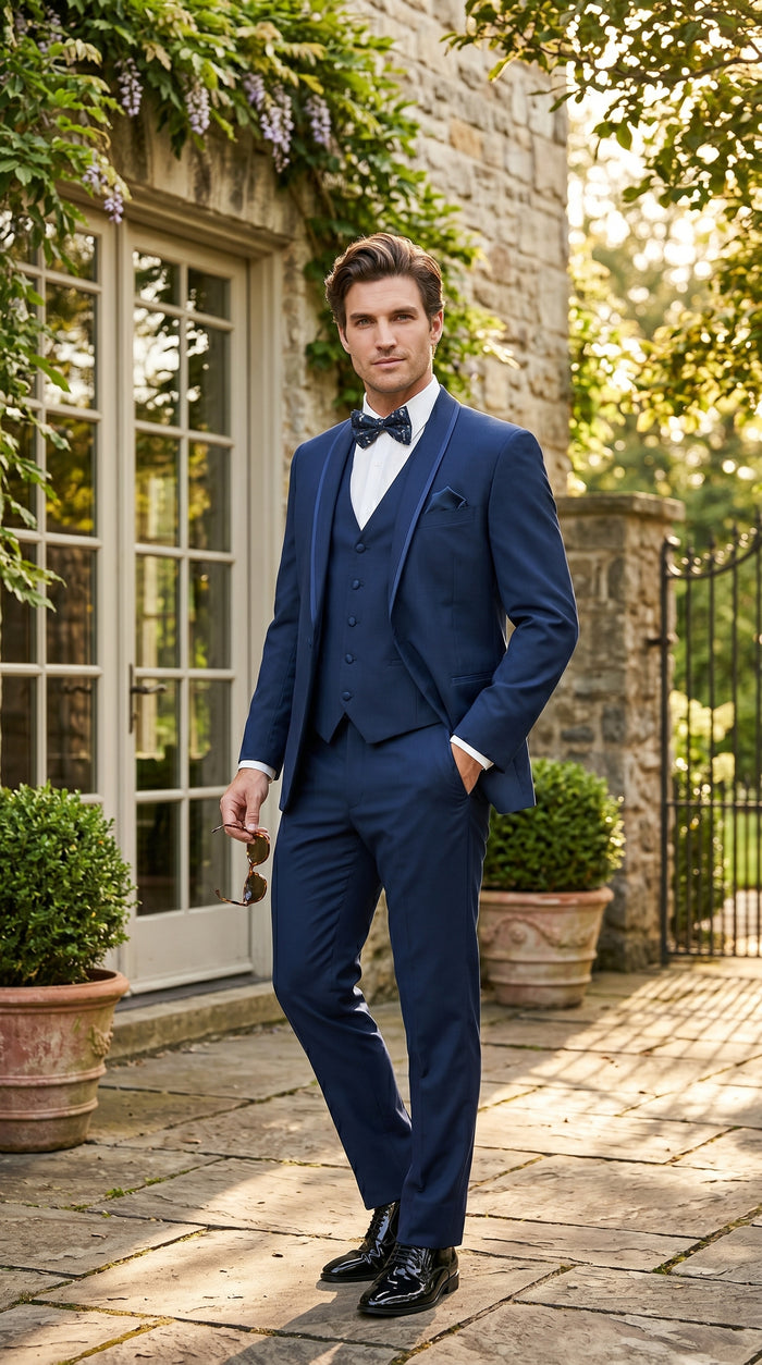 Men’s Sapphire Blue Vested Shawl Lapel Tuxedo with Satin Trim, Formal Wedding Prom Dinner Suit Set
