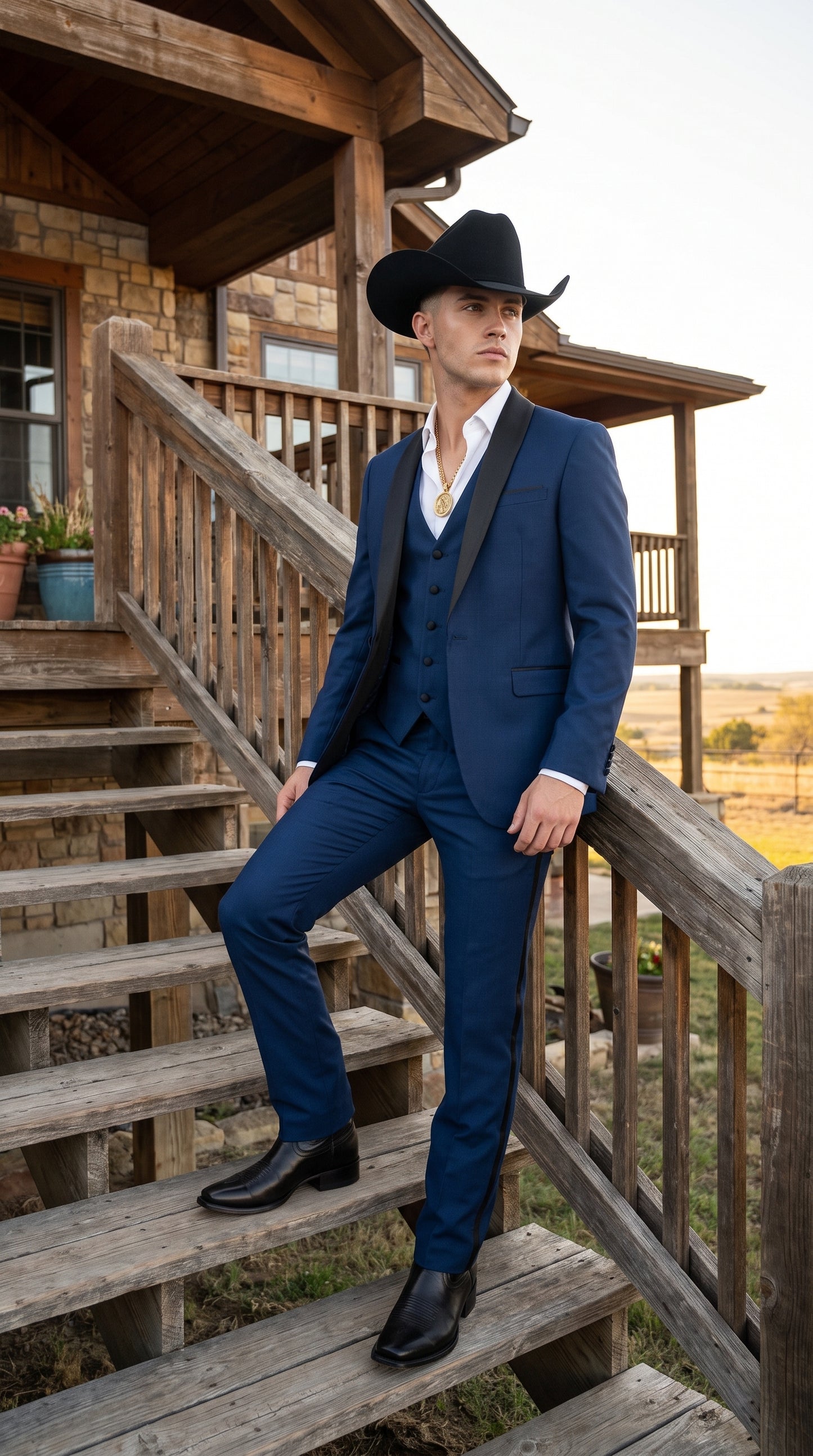 Men’s Sapphire Indigo Western Tuxedo Suit – Cobalt Blue Cowboy Formal Suit with Black Shawl Collar, Vest & Pants