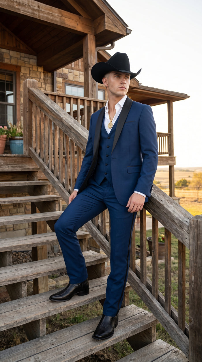Men’s Sapphire Indigo Western Tuxedo Suit – Cobalt Blue Cowboy Formal Suit with Black Shawl Collar, Vest & Pants