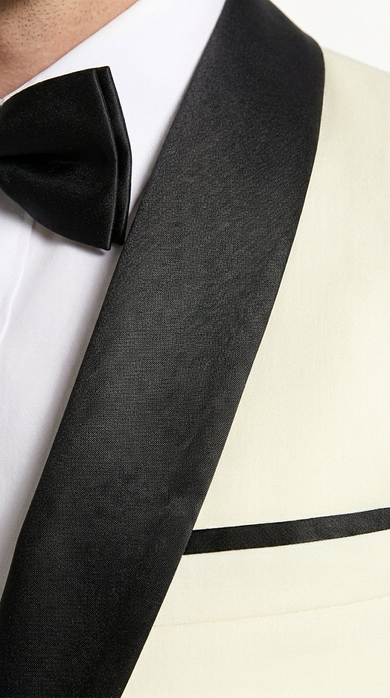 Men’s Ivory Prom Tuxedo Dinner Jacket, Black Shawl Lapel Formal Wedding Blazer