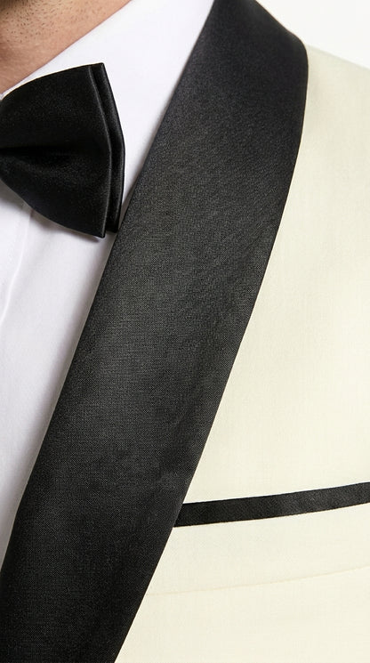 Men’s Ivory Prom Tuxedo Dinner Jacket, Black Shawl Lapel Formal Wedding Blazer