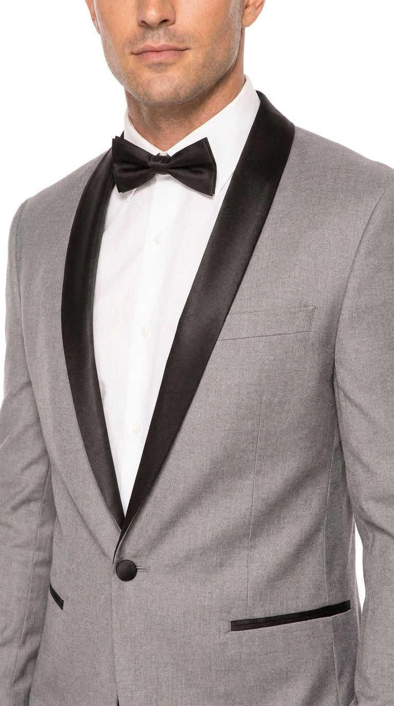 Men’s Light Grey Dinner Jacket with Black Shawl Lapel – 1 Button Tuxedo Blazer