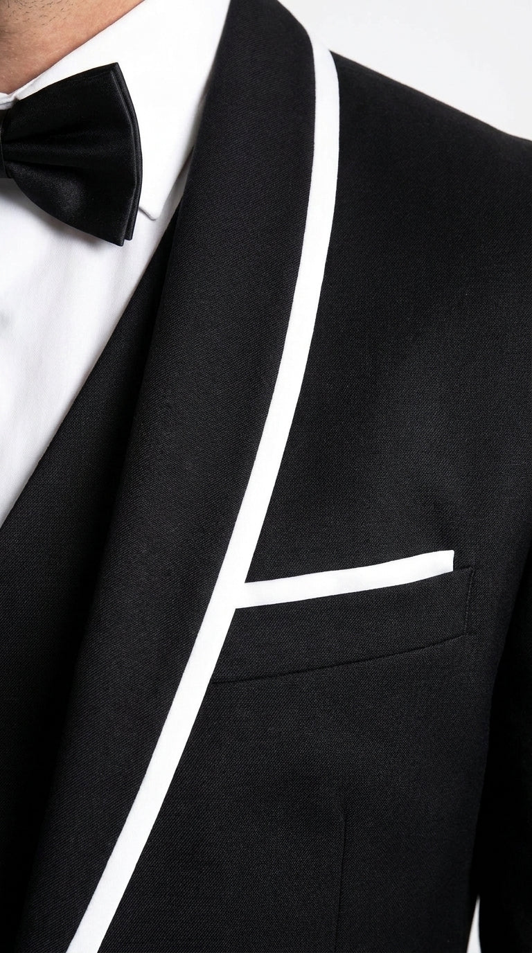 Men's Statement Suits Black 3-Piece Fashion Tuxedo – White Piping Shawl Lapel Wedding, Prom & Formal Dinner Suit