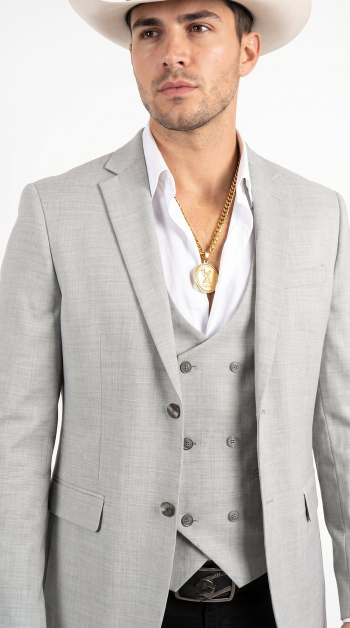 Men’s Light Gray Western Suit Blazer with Double-Breasted Vest – Modern Cowboy Formal Outfit