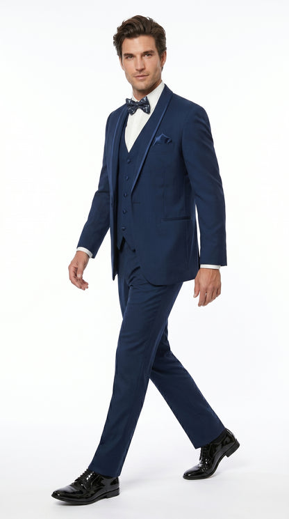 Men’s Sapphire Blue Vested Shawl Lapel Tuxedo with Satin Trim, Formal Wedding Prom Dinner Suit Set