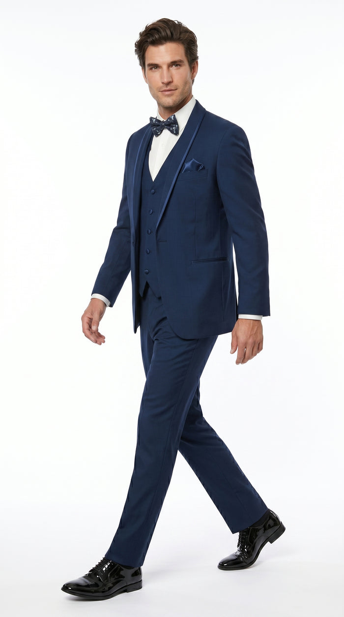 Men’s Sapphire Blue Vested Shawl Lapel Tuxedo with Satin Trim, Formal Wedding Prom Dinner Suit Set