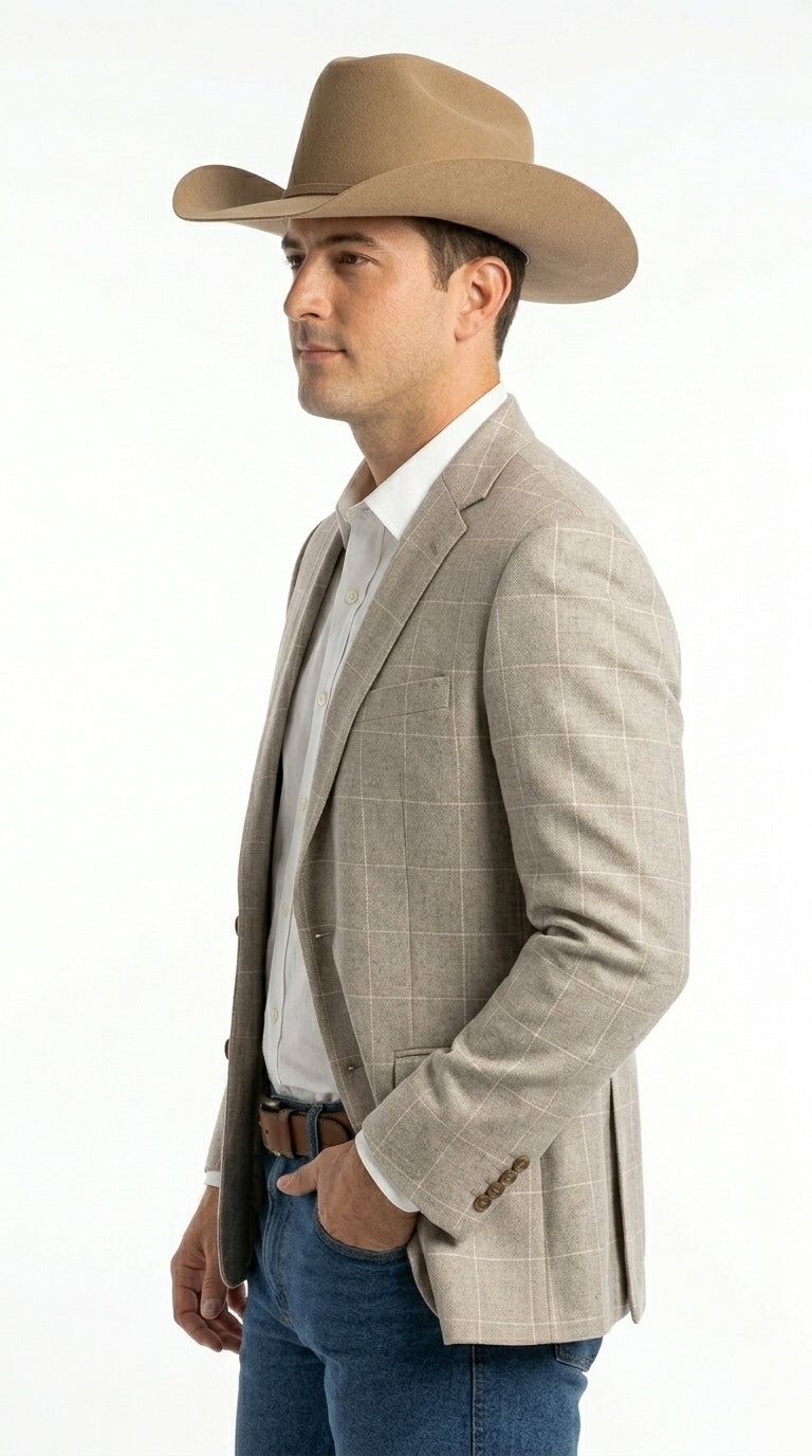 Men’s Light Tan Windowpane Plaid Western Blazer, Cowboy Sport Coat for Business Casual and Summer Events