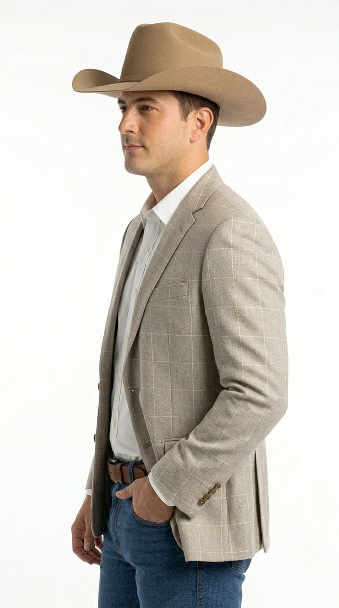 Men’s Light Tan Windowpane Plaid Western Blazer, Cowboy Sport Coat for Business Casual and Summer Events