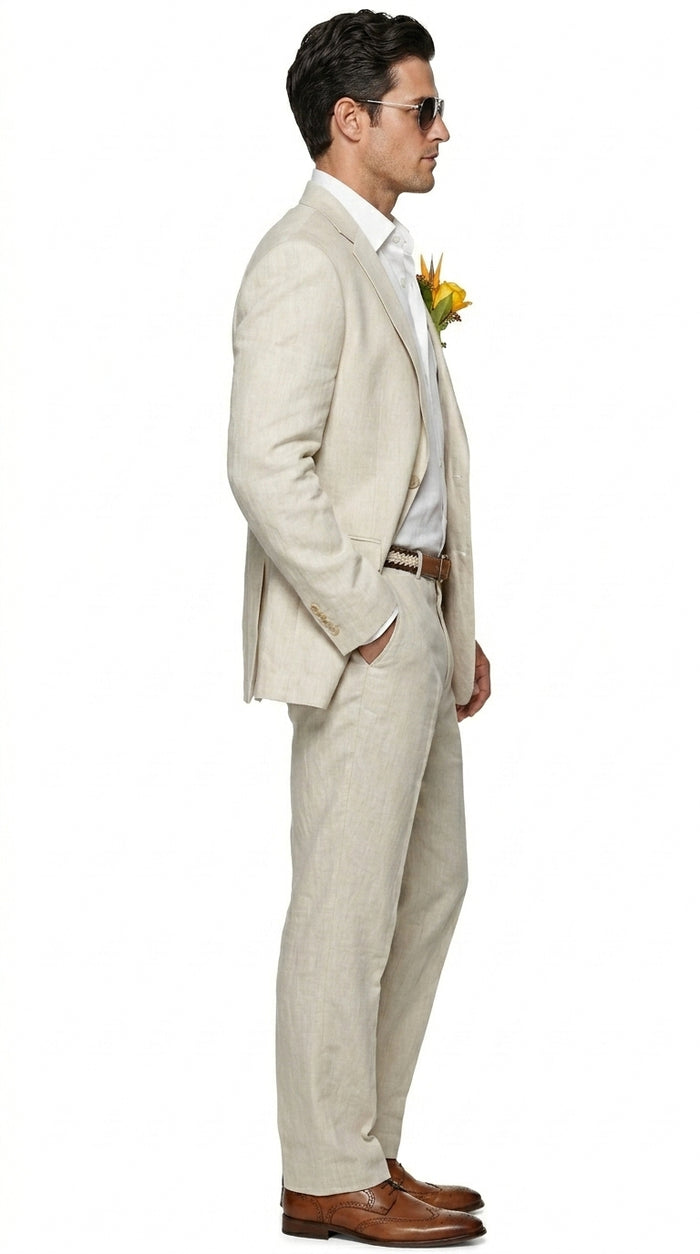 Men’s Natural Sand Light Tan Linen Suit, Summer Beach Wedding Formal Suit Set
