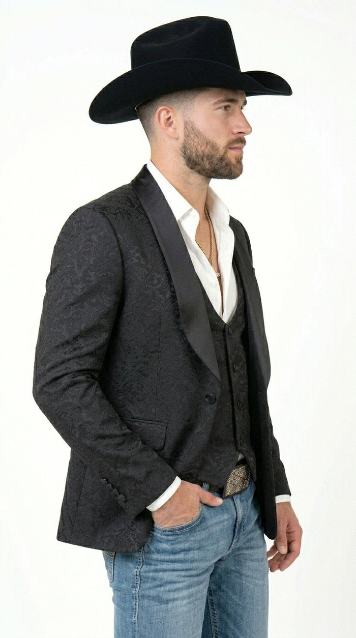 Men’s Black Paisley Jacquard Blazer with Satin Shawl Lapel, Western Formal Designer Jacket