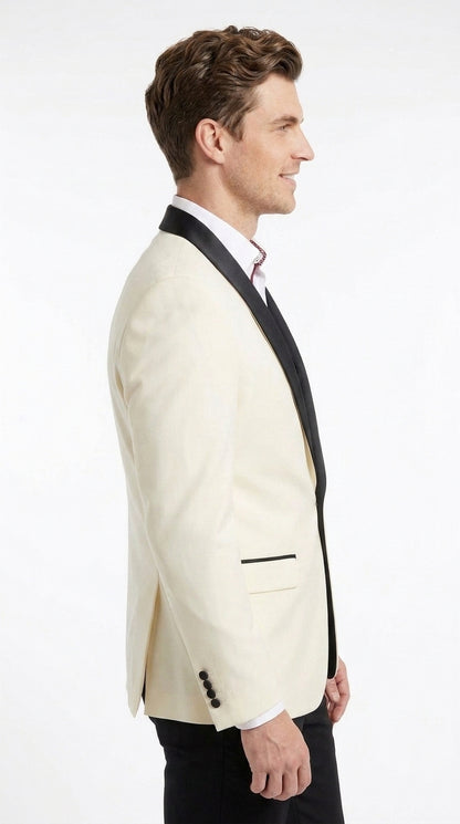 Men’s Ivory and Black Dinner Jacket, One Button Contrast Shawl Collar Formal Tuxedo Blazer